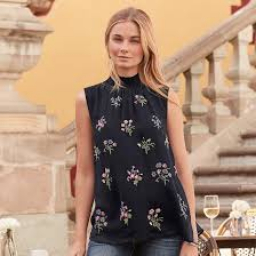 Sundance "Altamira" embroidered black top XL, NWT sleeveless blouse, boho chic